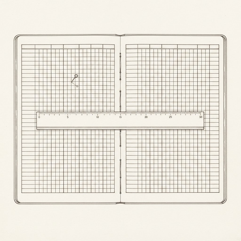 Line illustration of an open ledger notebook with a ruler and a pin